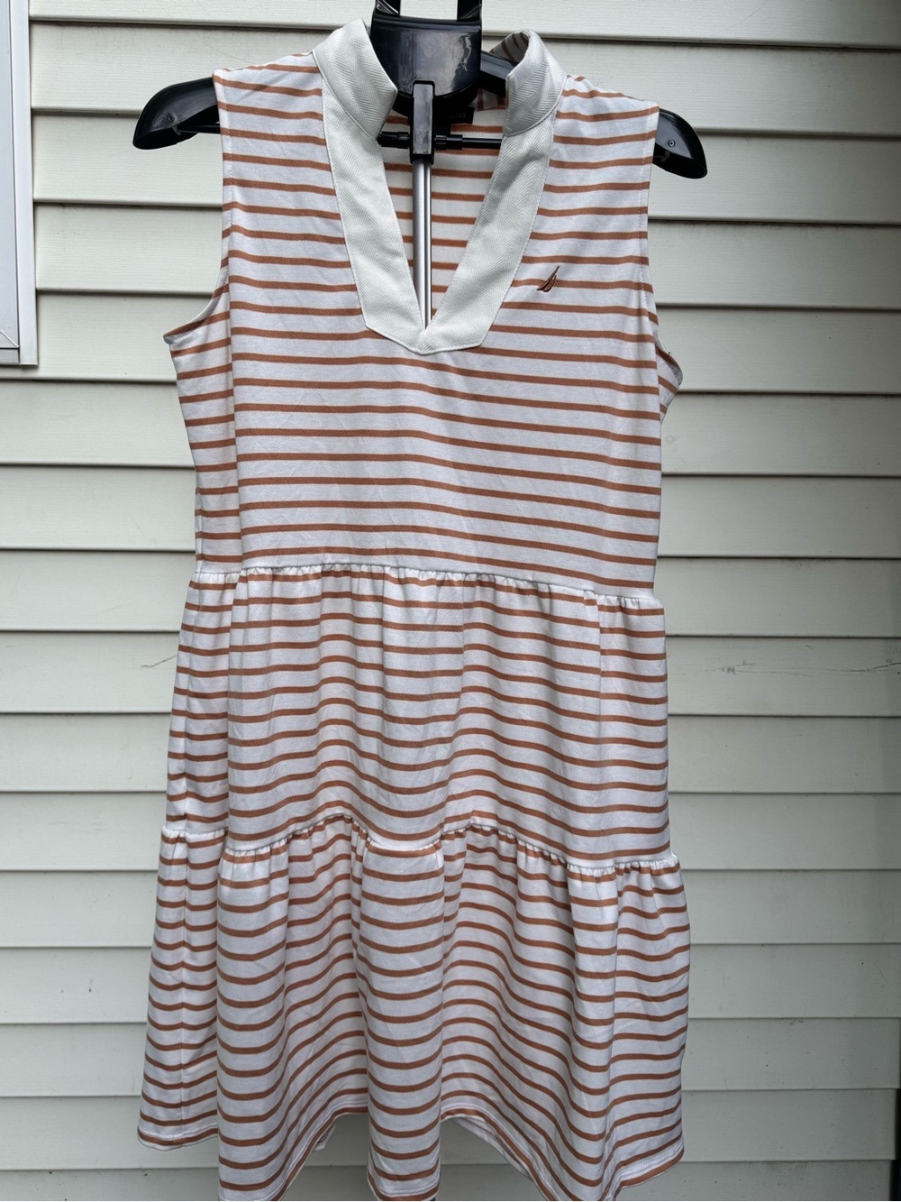 Nautica Jeans Striped Tiered Sleeveless Polo Dress Brown White Size M